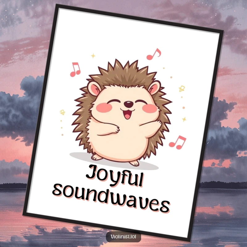 Funny hedgehog digital art print, giggling, eyes closed, swaying to music, vibrant and humorous wall decor for music enthusiasts.