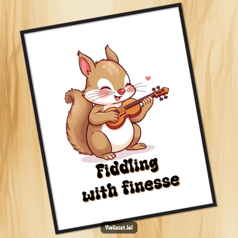 Funny digital art print of a playful squirrel energetically sawing a tiny violin, capturing a moment of pure, humorous musical dedication.