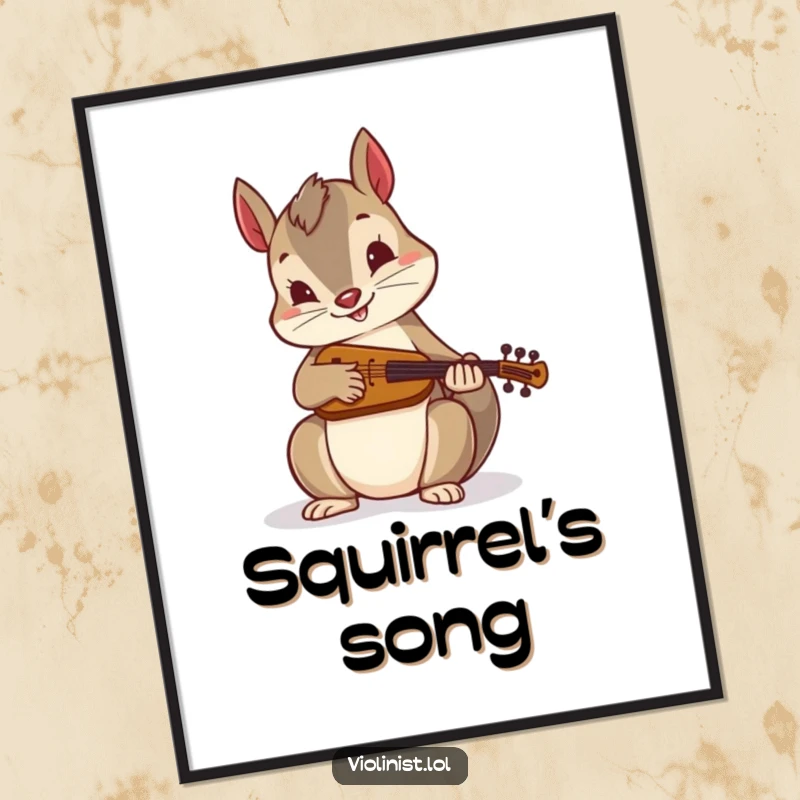 Funny digital art print: An energetic squirrel plays a miniature fiddle, capturing lively folk music humor for printable wall decor.