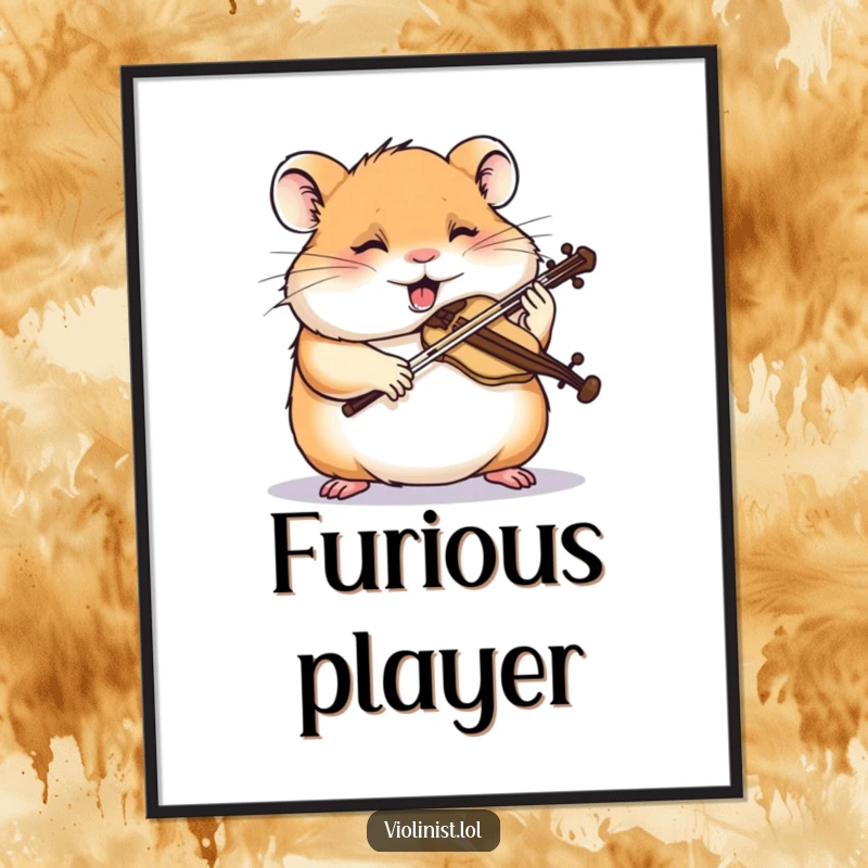 Funny hamster digital art print showing a giggling hamster intensely sawing a miniature violin with focus, humorous and artistic.