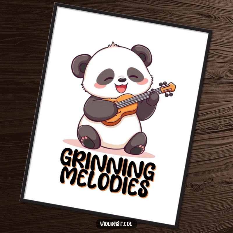 Funny panda digital art print, silly grin, energetically strumming a violin, vibrant and humorous wall decor.