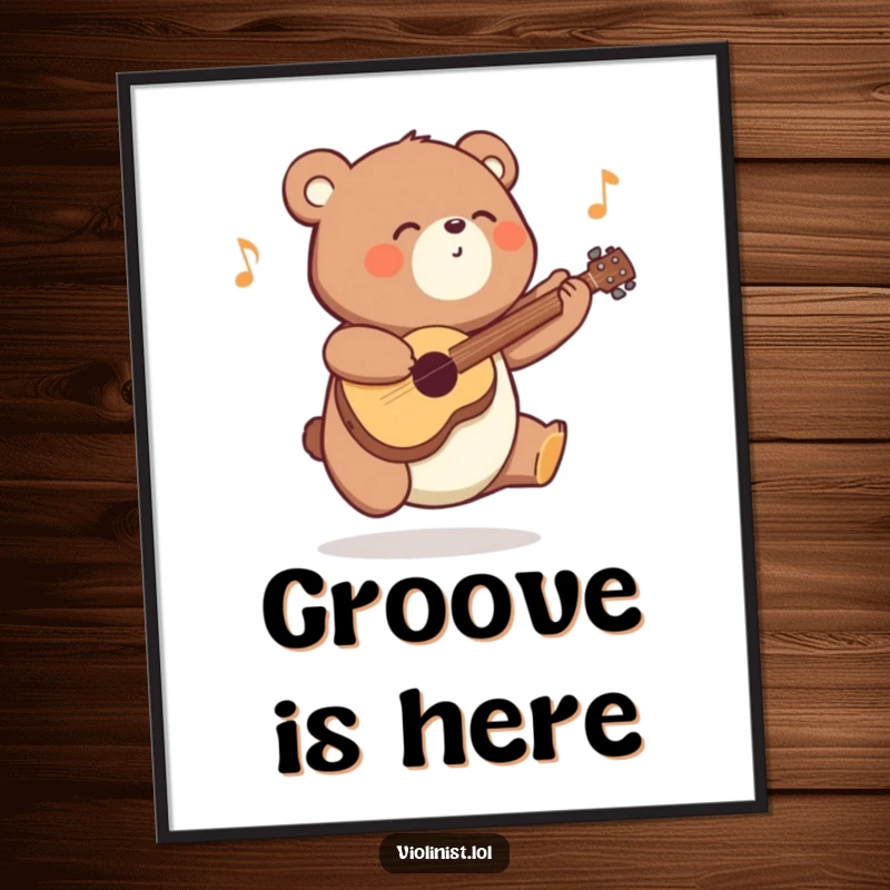 Funny energetic bear digital art print, bouncing slightly while playing a joyful tune, capturing pure musical exuberance for digital display.