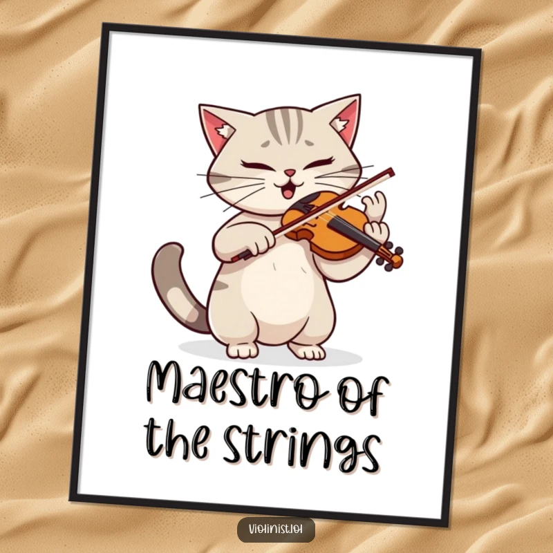 Funny digital art print of a determined cat playing violin with dramatic flair and a twitching tail, a masterpiece of feline music.