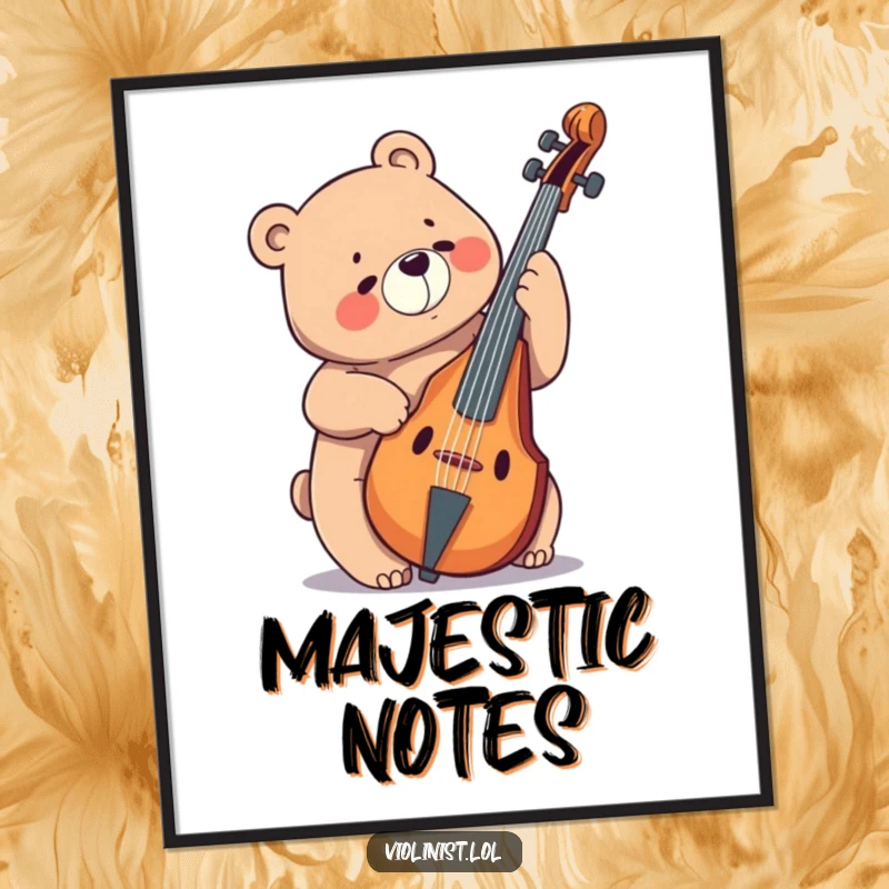 Funny bear playing a massive cello with a joyful expression, a downloadable digital art print for humorous decor.