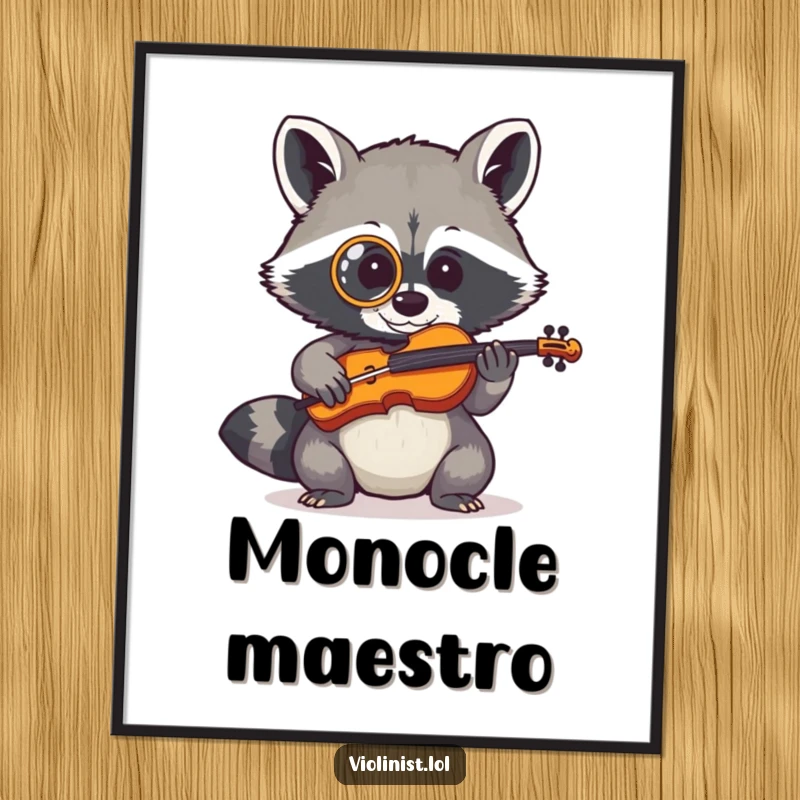 Shy raccoon with a monocle playing a tiny fiddle, presented as digital art for printing.
