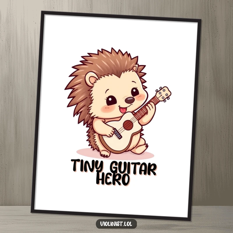Funny digital art of a happy hedgehog playing a miniature guitar, capturing musical joy and cuteness for wall display.