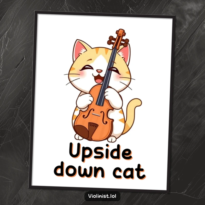 Funny digital art of a confused cat holding a violin upside down, capturing musical bewilderment for wall display.