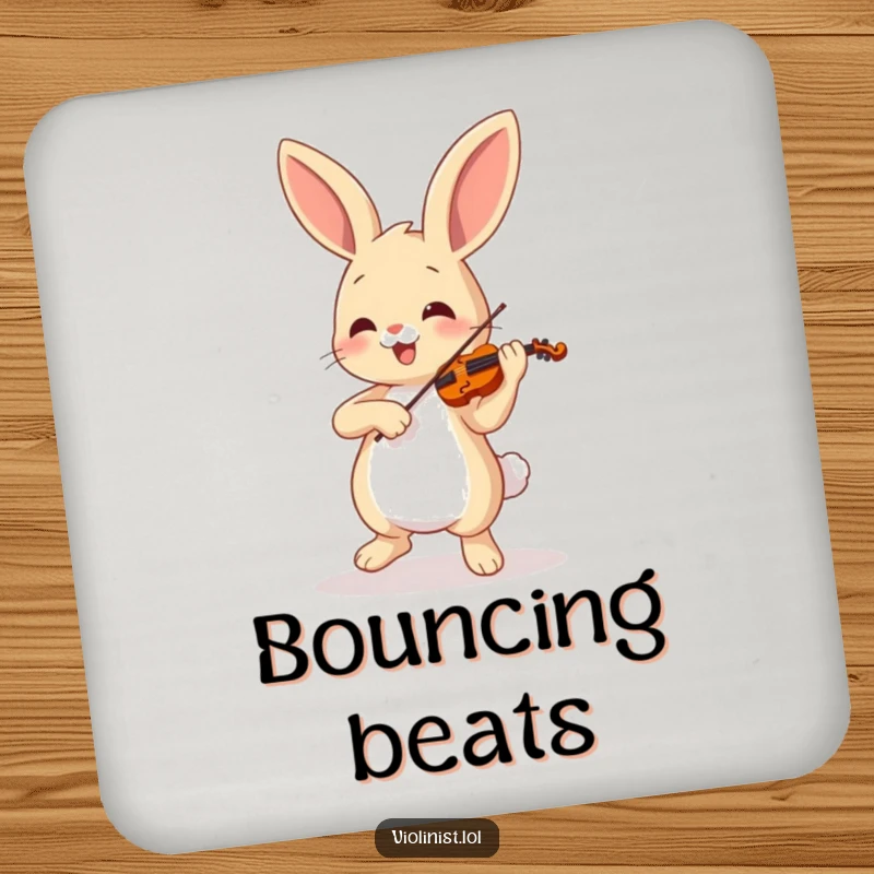 Funny bunny dancing with a violin on a protective drink coaster, perfect for funny gifts.
