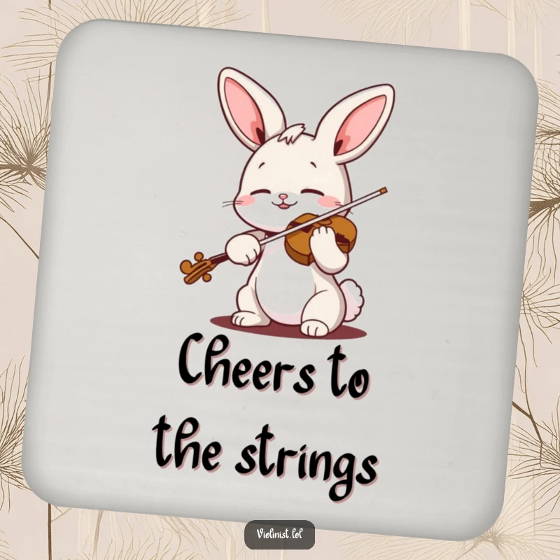 Funny bunny violin drink coasters showing a cheerful rabbit playing the violin blissfully, protecting surfaces with musical charm.