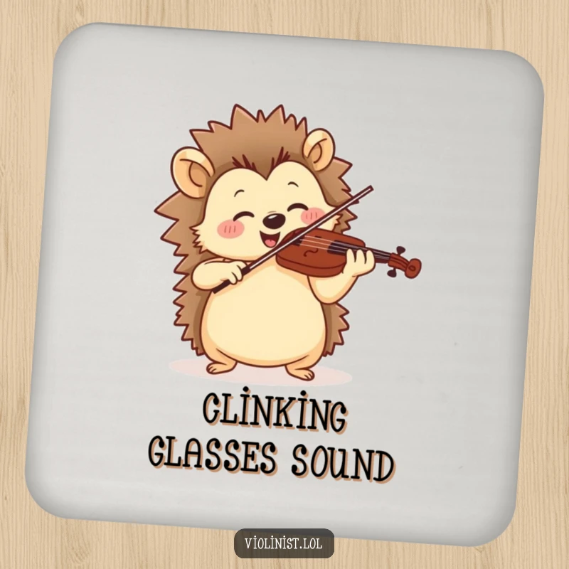 Funny coaster set depicting a jolly hedgehog playing violin with rhythmic motion, a charming musical accessory for your home.