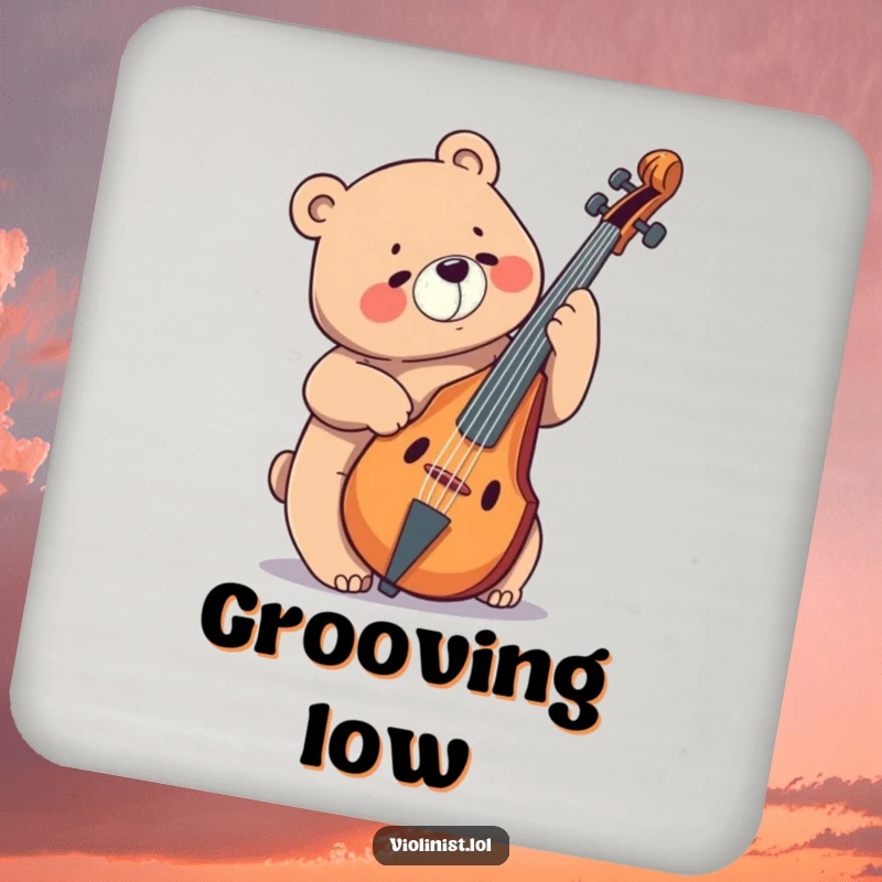 Funny bear playing a massive cello, depicted on this drink coaster for adding musical humor to any surface.