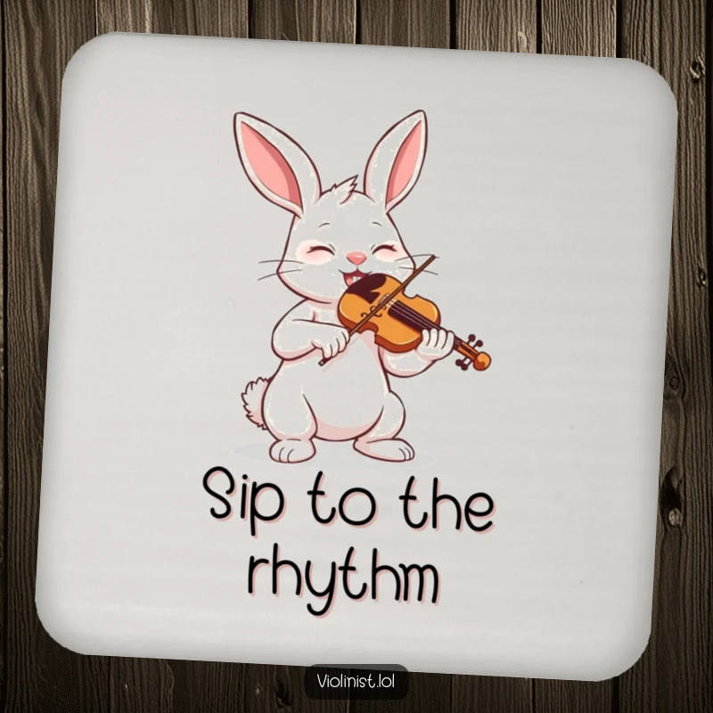 Funny bunny playing violin with eyes closed, a humorous drink coaster.