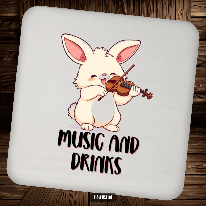 Funny drink coaster with a fluffy bunny character joyfully playing the violin with enthusiasm, adding humorous table protection.
