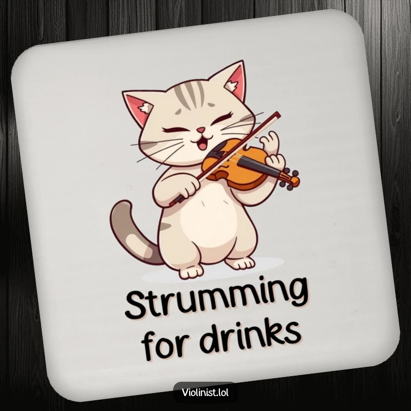 Funny coaster set depicting a determined cat playing violin with dramatic flair and a twitching tail, a stylish and practical accessory.