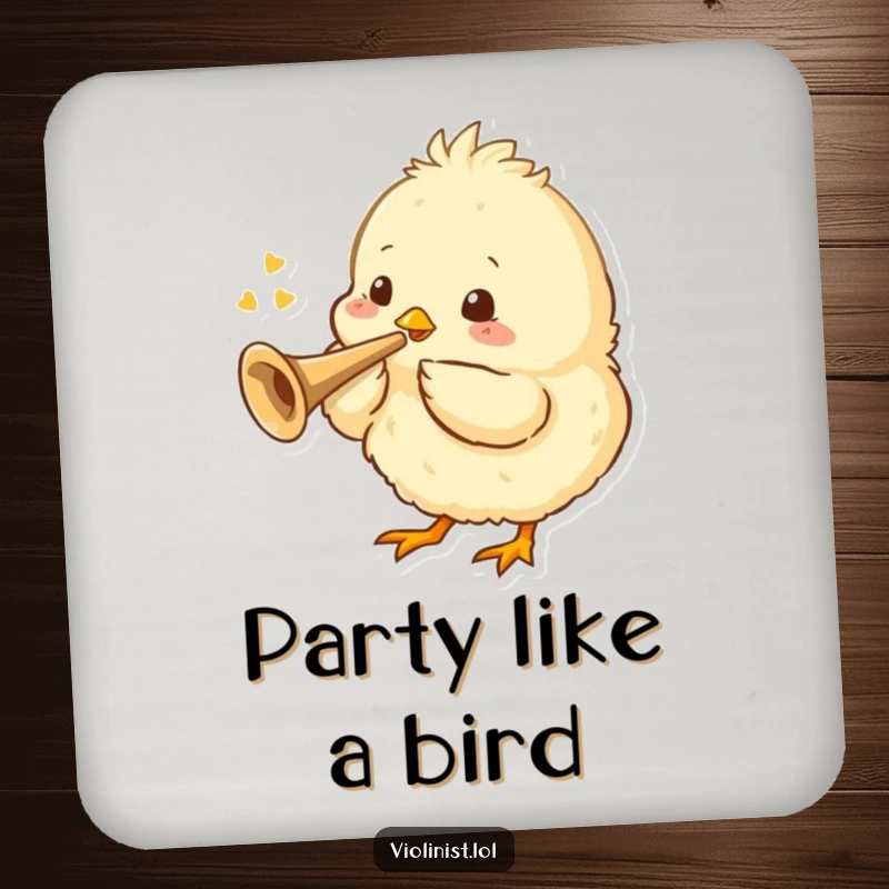 Funny coasters with a fluffy chick playing a tiny trumpet, offering cute and musical table protection.