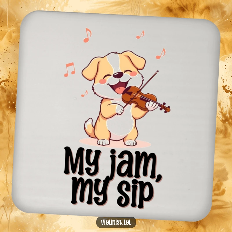 Funny dog drink coaster showing a dog joyfully bobbing its head to a violin's tune, adding musical flair to any surface.