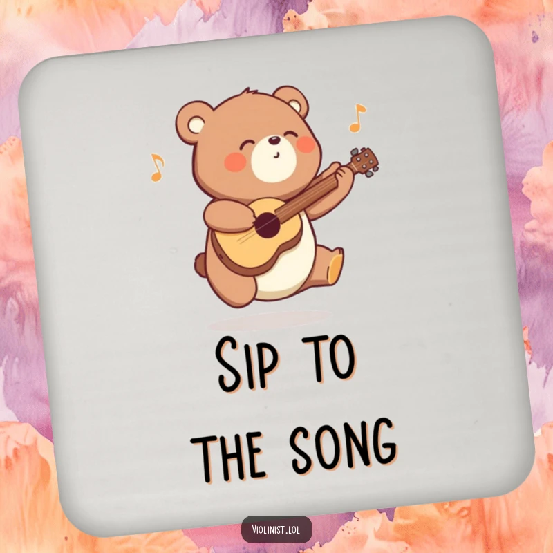 Funny energetic bear drink coaster, depicted bouncing and playing a tune, protecting surfaces with a cheerful musical vibe.