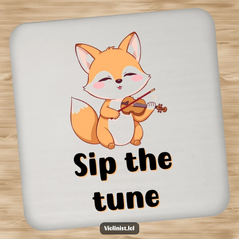 Happy fox playing a miniature violin with closed eyes, featured on a protective drink coaster.
