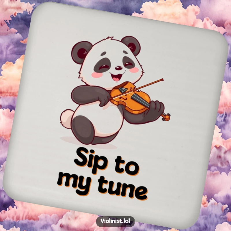 Funny drink coaster featuring a giggling panda playing the violin with exaggerated flourish, a humorous surface protector.