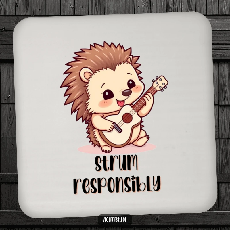 Funny drink coaster depicting a happy hedgehog playing a miniature guitar, adding musical humor to any beverage setting.
