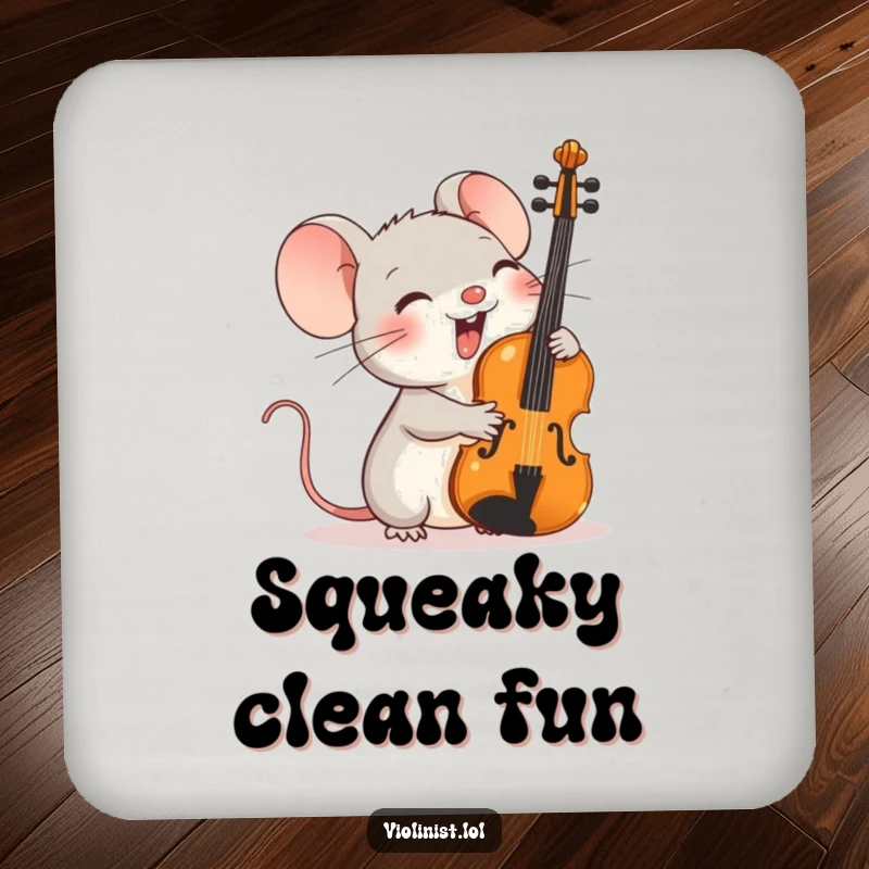 Funny coasters featuring a tiny mouse giggling with delight while holding an oversized violin against its shoulder.