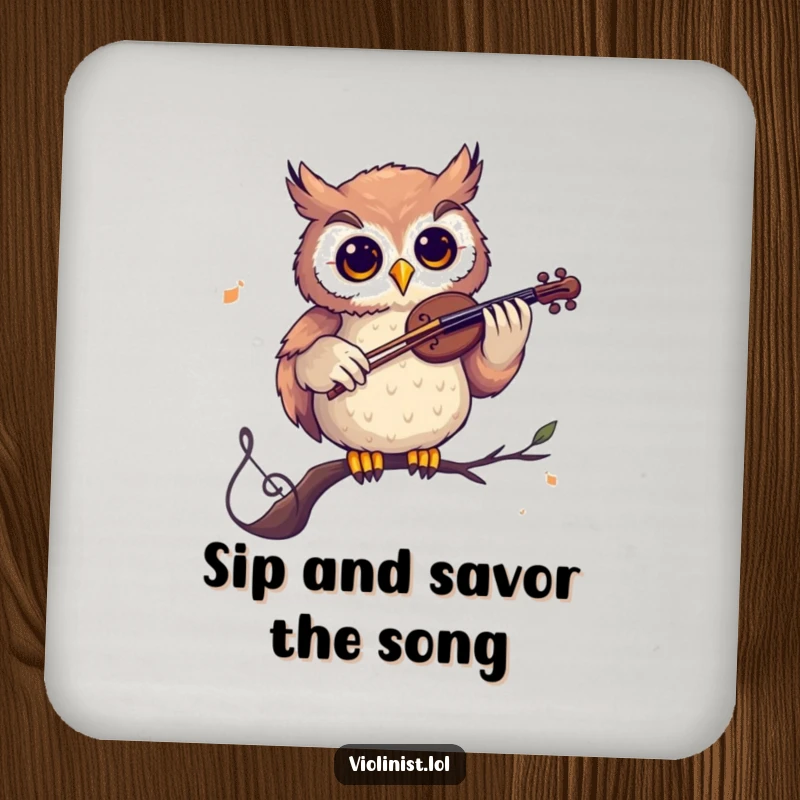 Funny drink coaster with a curious owl playing a violin on a musical note, offering humorous and wise protection for surfaces.
