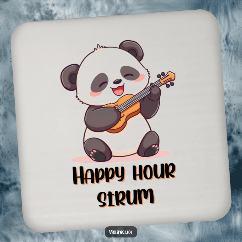Funny panda drink coaster, silly grin, energetically strumming a violin, a humorous and protective addition for any surface.