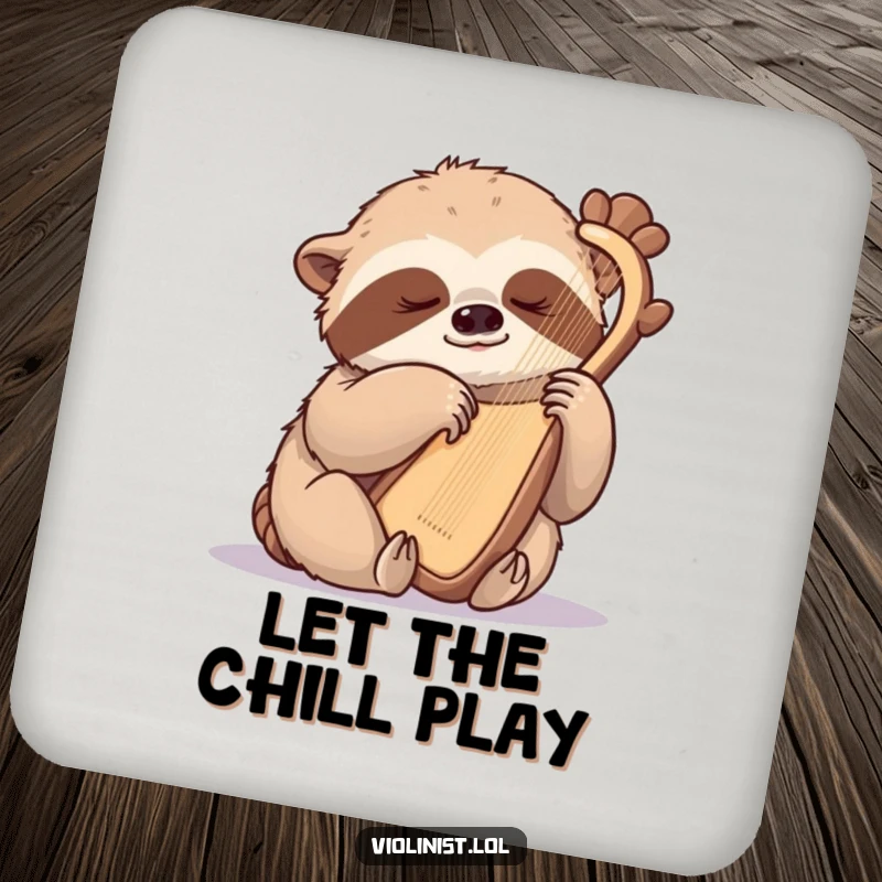 Funny sloth coaster, a sleepy sloth gently plucking a harp with one claw, providing protection with a gentle, musical ambiance.
