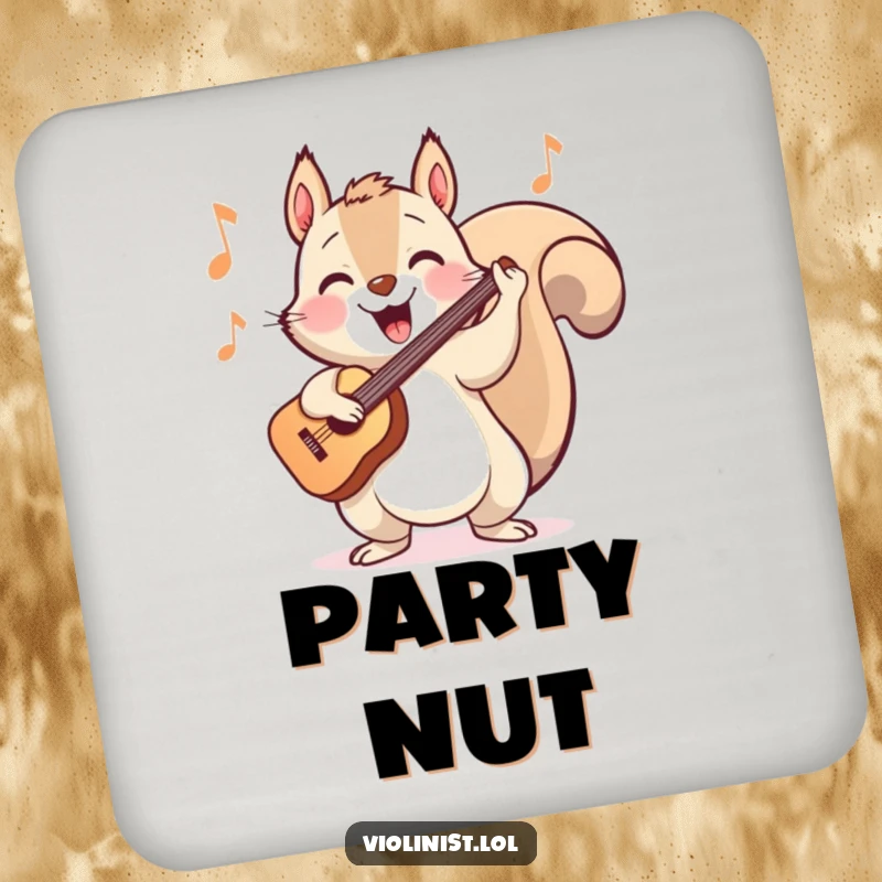 Funny coasters featuring a happy squirrel energetically bopping its head while playing a cheerful tune on the violin.