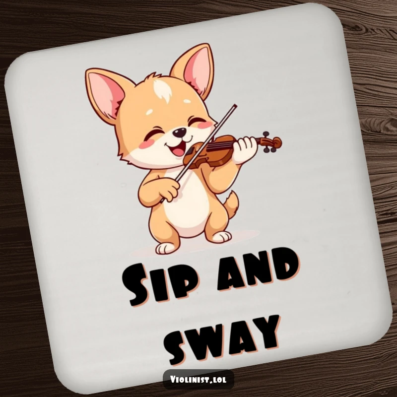 Funny coaster set depicting a happy dog playing violin with ears perked up, a charming musical accessory for your home.