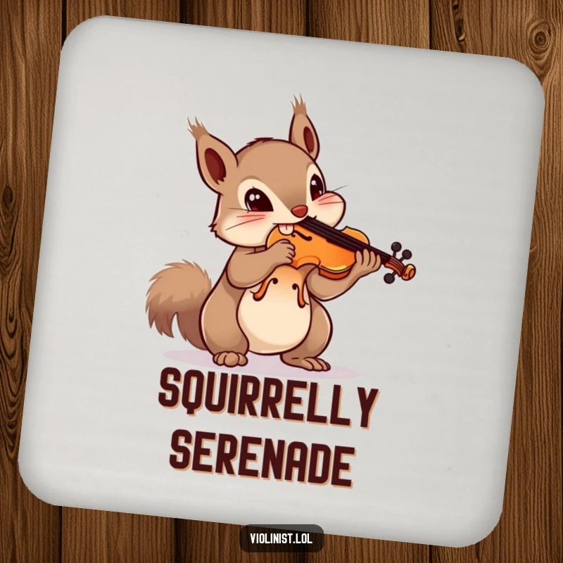 Funny squirrel drink coaster with a curious squirrel balancing a violin on its nose, protecting surfaces with charming humor.