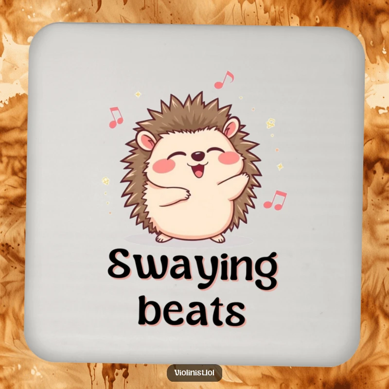 Funny hedgehog drink coaster, giggling with eyes closed, swaying to music, a humorous and protective addition to any surface.