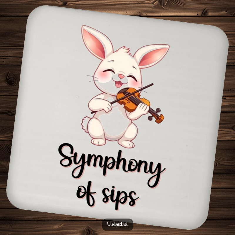 Funny bunny playing a miniature violin on a drink coaster, adding a touch of musical humor to any surface.