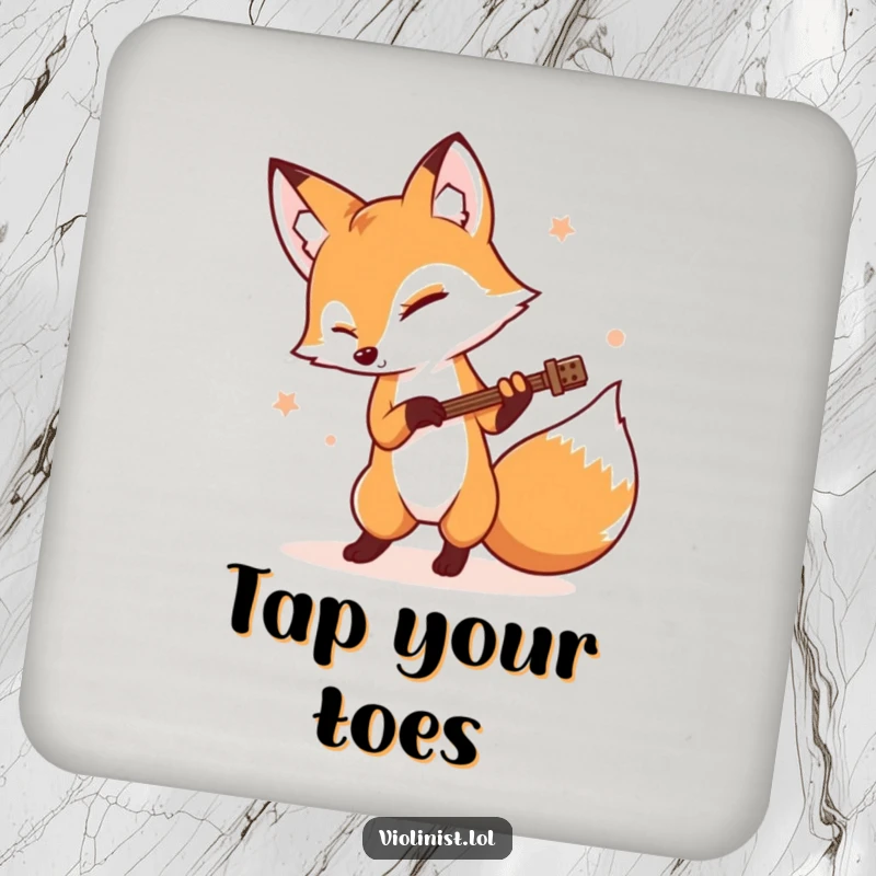 Funny determined fox tapping its foot rhythmically on a protective drink coaster, perfect for funny gifts.
