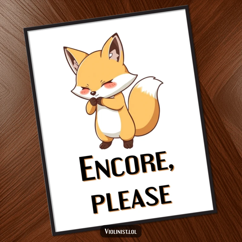 Funny fox bow poster depicting a determined fox performing a dramatic bow with a flourish, adding theatrical humor to walls.