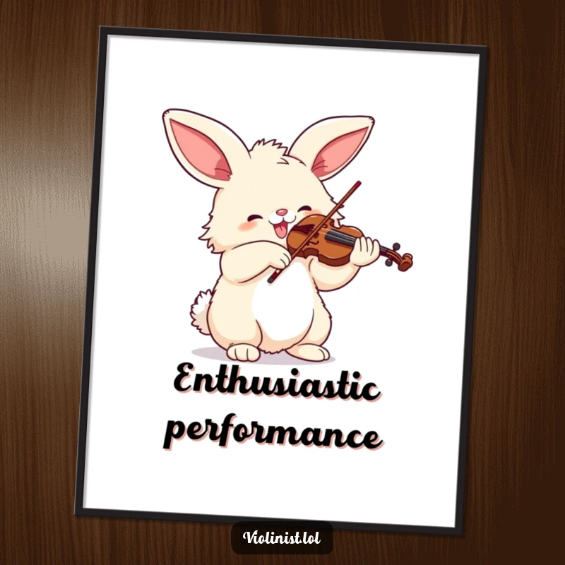 Funny poster art of a fluffy bunny with big ears joyfully playing a violin with great enthusiasm, capturing musical passion.