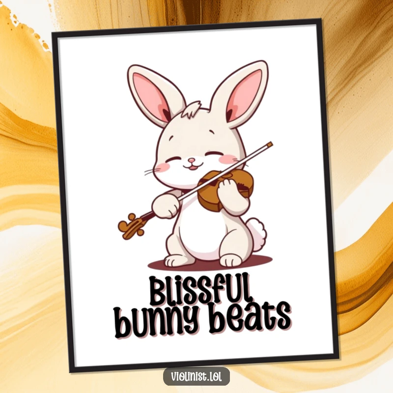 Funny bunny violin poster depicting a cheerful rabbit playing the violin with eyes closed in blissful musical ecstasy, wall art.