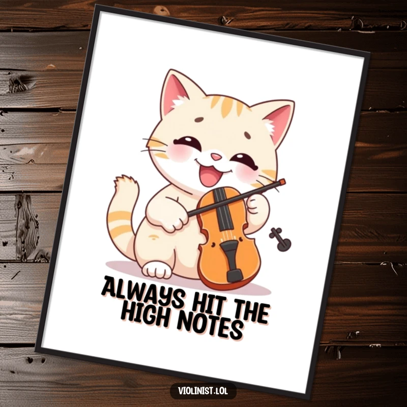 Funny cat poster featuring a cheerful feline bowing a tiny violin with a huge smile, radiating pure musical happiness and charm.
