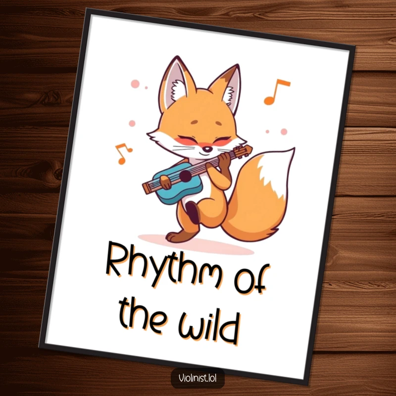 Funny fox poster of a determined vulpine tapping its foot with precision while playing a melody, showcasing musical dedication.