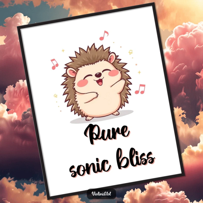 Funny hedgehog poster, giggling and swaying to music with eyes closed, a jubilant and humorous scene capturing musical abandon.