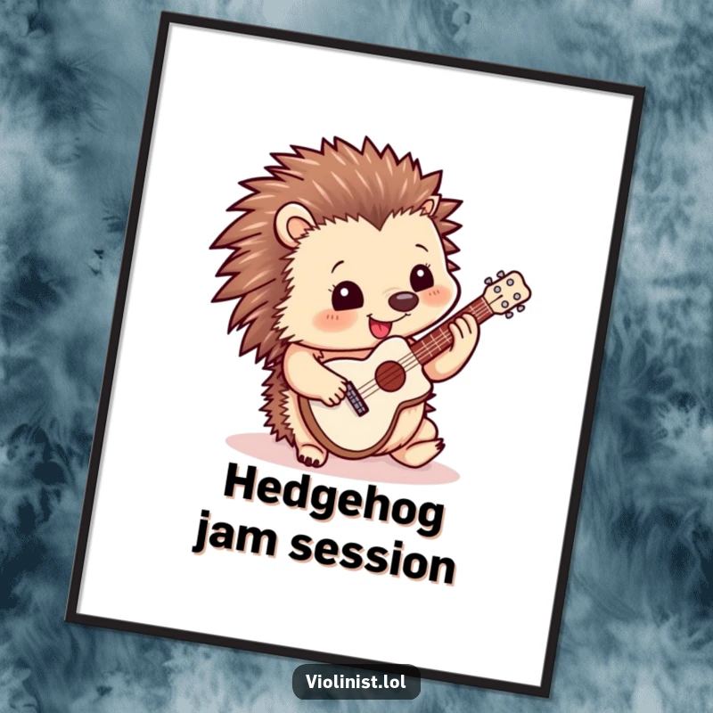 Funny poster art of a happy hedgehog strumming a miniature guitar, capturing a moment of pure musical joy and cuteness.