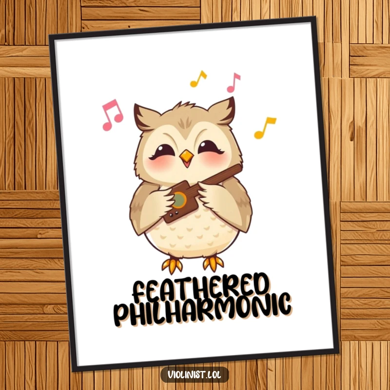Funny owl poster featuring a content owl playing a musical instrument with a serene smile, creating a peaceful musical scene.