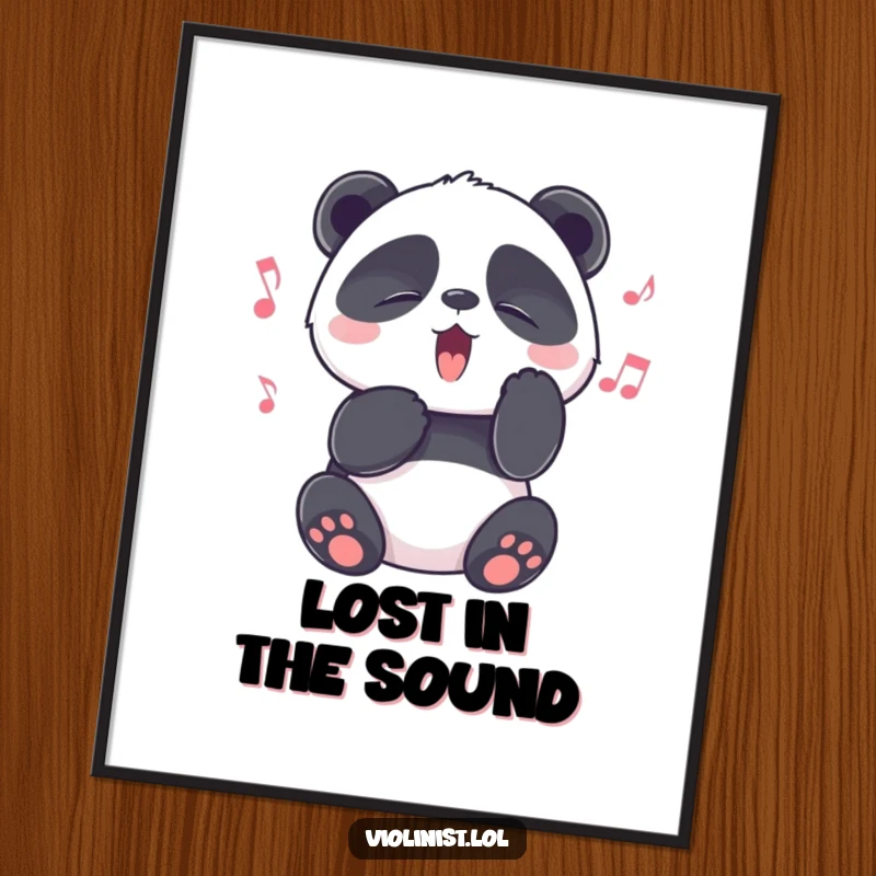 Funny playful panda with eyes squeezed shut in musical bliss, lost in a melody, printed as wall art, funny gift.