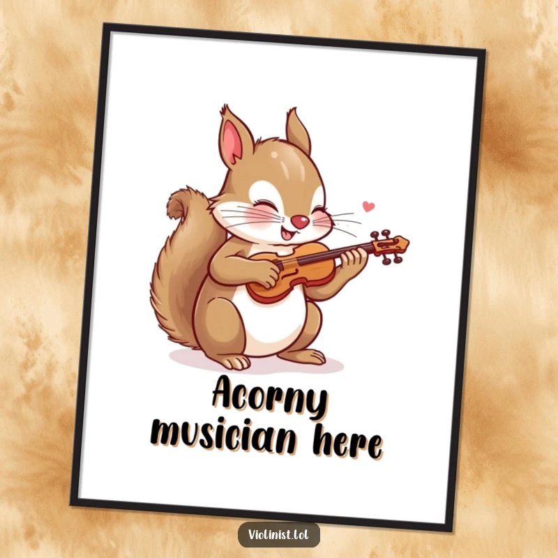Funny poster depicting a playful squirrel energetically sawing a tiny violin, radiating enthusiasm and humorous musical performance for wall art.