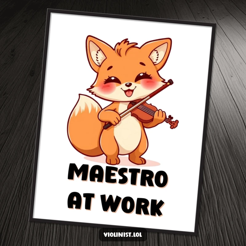 Funny poster of a cheerful fox with a wide smile, playing the violin with exuberant flair and artistic skill.
