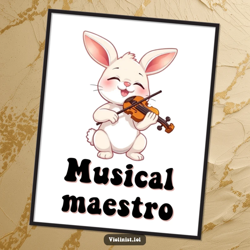 Funny bunny playing a miniature violin with closed eyes, creating a beautiful and humorous wall art poster.
