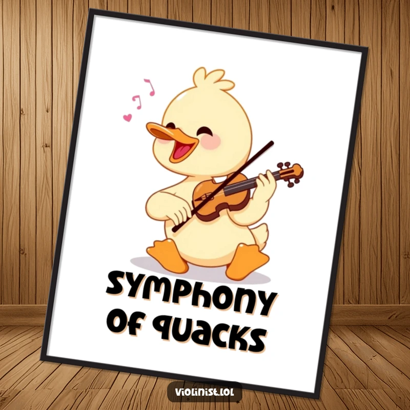 Funny cheerful duck playing a violin with virtuosic flair, presented as a decorative poster.