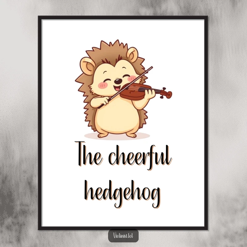 Funny poster of a jolly hedgehog playing violin with cheerful, rhythmic motion, a delightful musical scene.