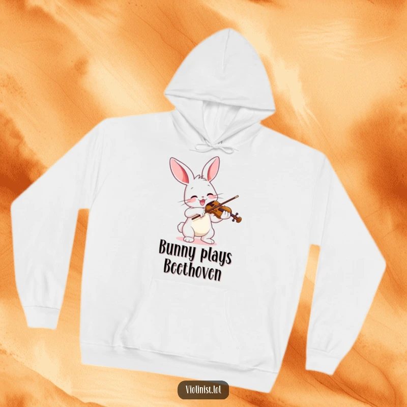 Funny hoodie depicting a joyful bunny enthusiastically playing a violin with a vibrant bow, bringing artistic cheer.