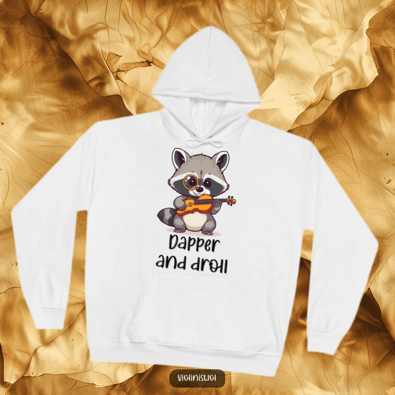 Funny shy raccoon wearing a monocle attempting to play a tiny fiddle, featured on a comfortable hoodie.